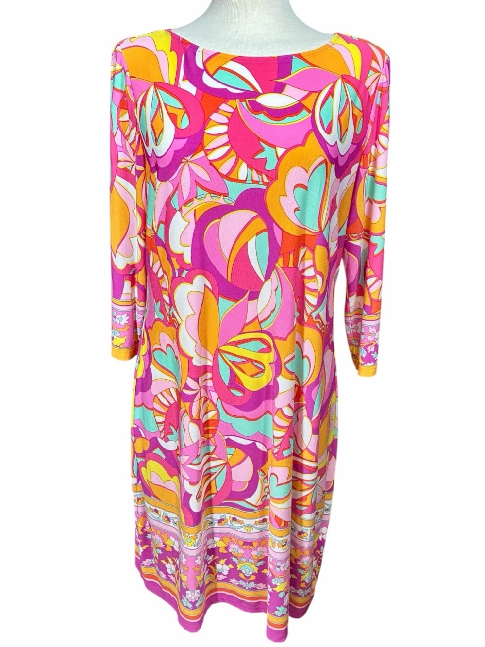 London Times Vibrant Retro Shift Dress in Pink, Orange and Aqua Women's US XL